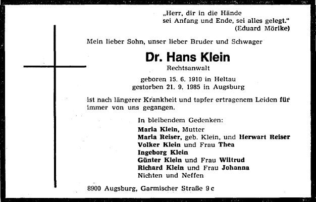 Klein Hans 1910-1985 Todesanzeige